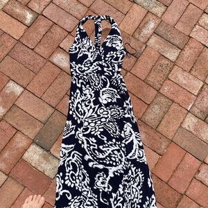 Express Navy and White Patterned Halter Dress